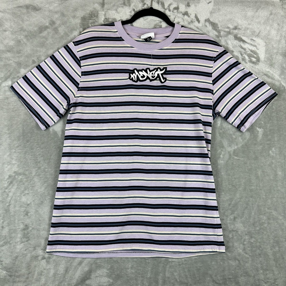Monet Skateboards Railway T-Shirt Men's M Lavender Purple Stripe Logo